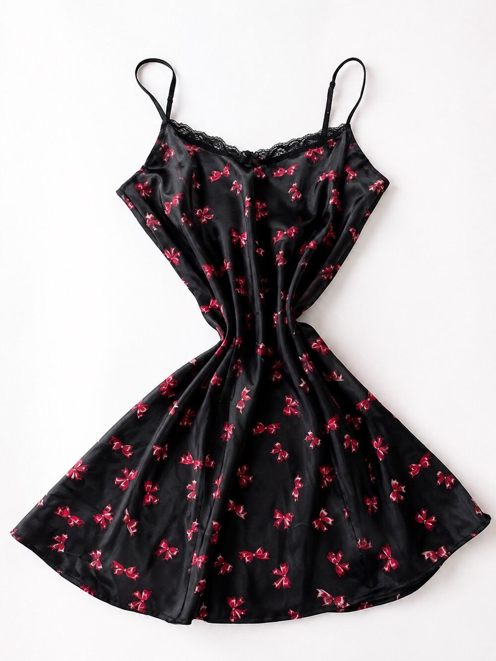 Delicates Vintage Y2K Black Satin Red Bow Lace Slip Dress Size Small Coquette